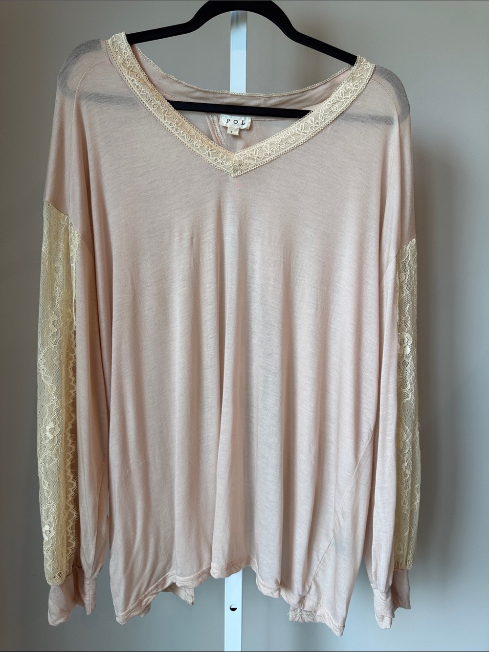 POL Blush Long Sleeve V-Neck Top with Cream Lace Trim
